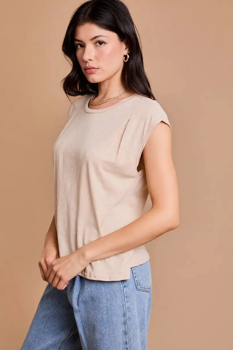 SLEEVELESS ROUND NECK PLEATED SHOULDER TOP