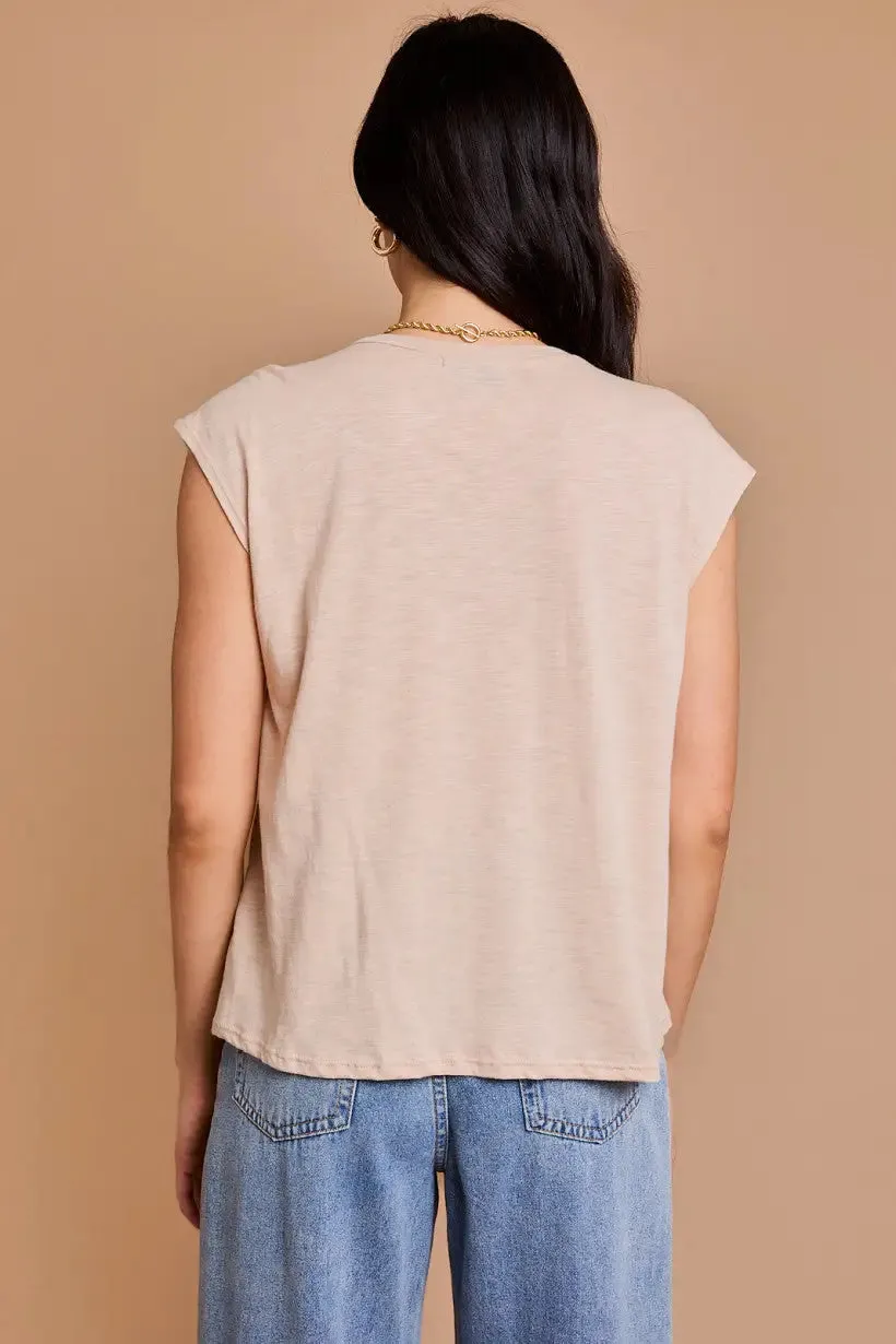 SLEEVELESS ROUND NECK PLEATED SHOULDER TOP