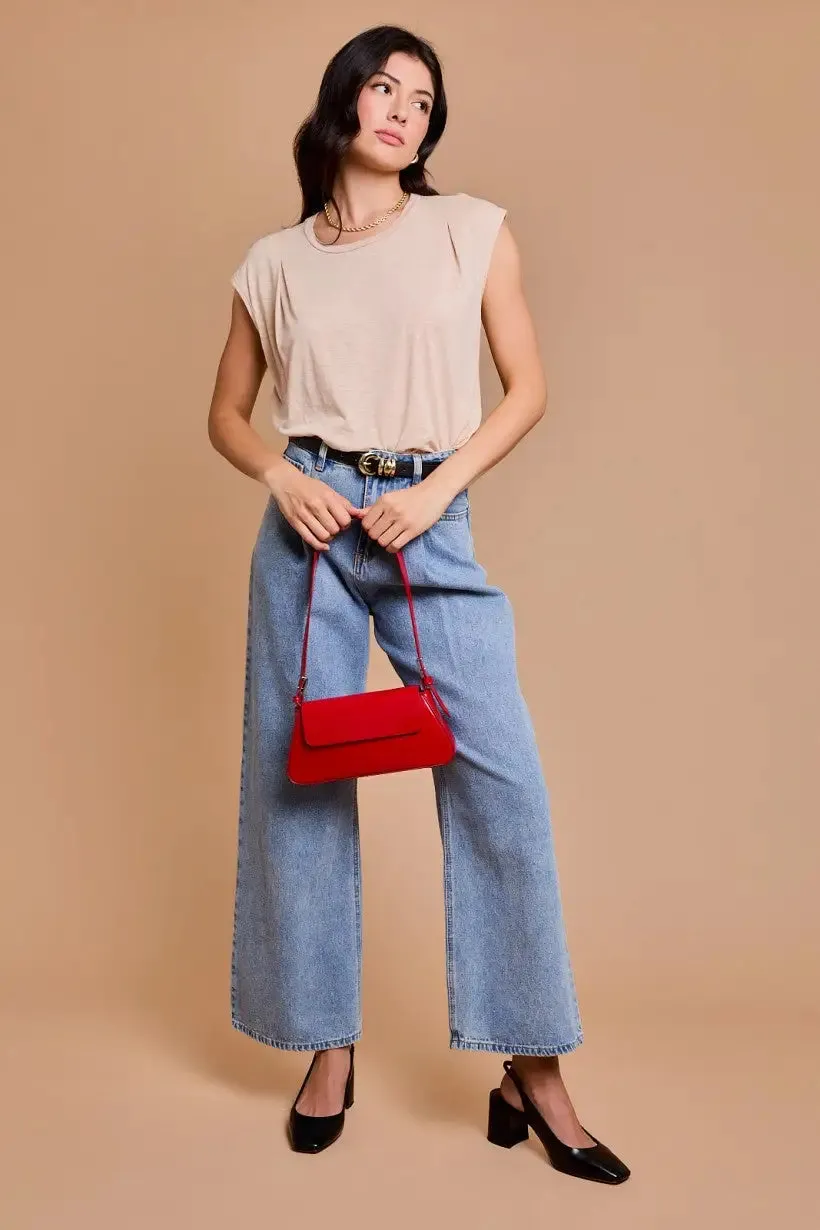 SLEEVELESS ROUND NECK PLEATED SHOULDER TOP