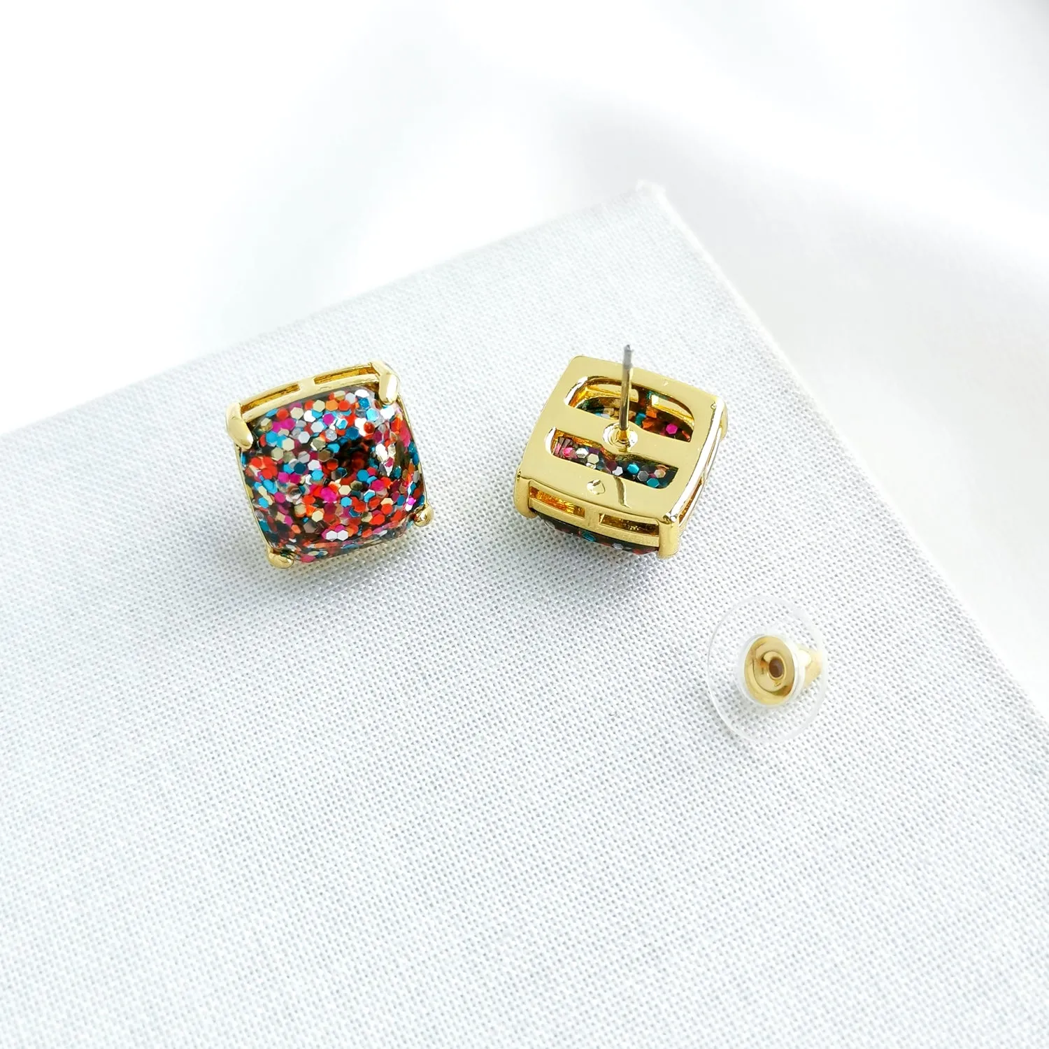 Small Square Stud Earrings (Multi Glitter)