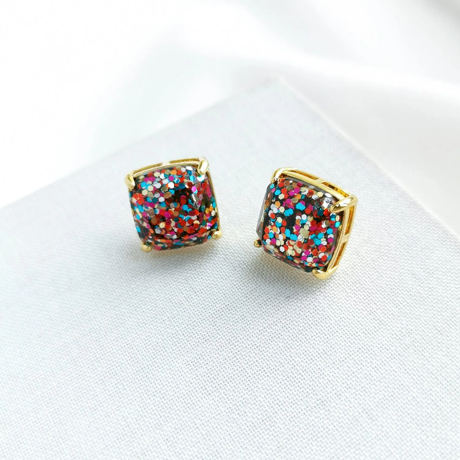 Small Square Stud Earrings (Multi Glitter)