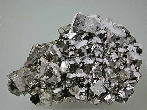 SOLD Calcite on Arsenopyrite, Trepca Complex, Kosovska Municipality, Kosovo, Mined 2014, Small Cabinet 3.0 x 5.3 x 7.7 cm, $125.  Online 4/6/15.