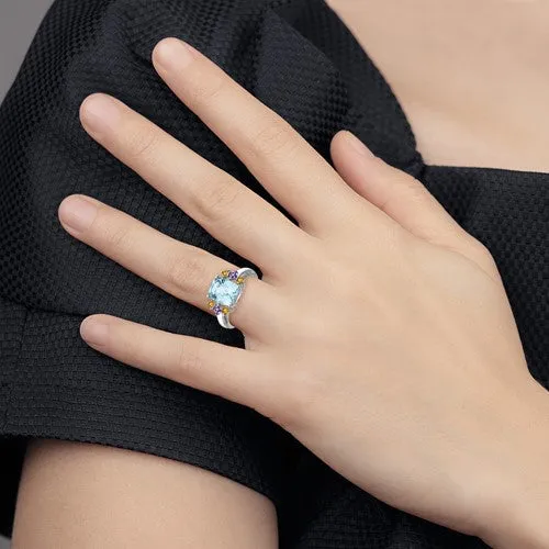 Sterling Silver Ant. Cushion Light Swiss Blue Topaz, Amethyst & Citrine Ring