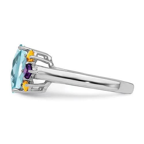 Sterling Silver Ant. Cushion Light Swiss Blue Topaz, Amethyst & Citrine Ring