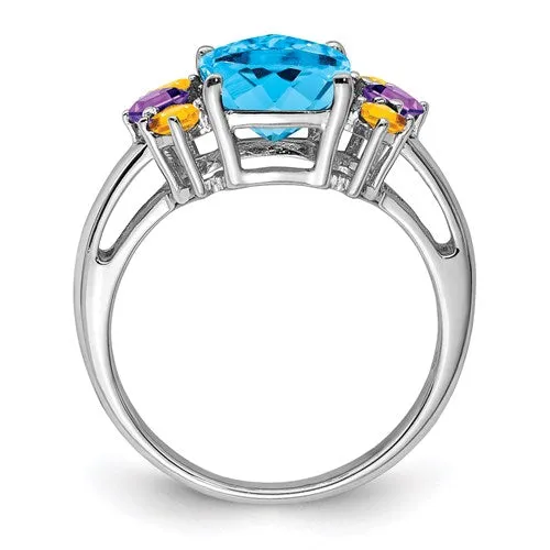 Sterling Silver Ant. Cushion Light Swiss Blue Topaz, Amethyst & Citrine Ring