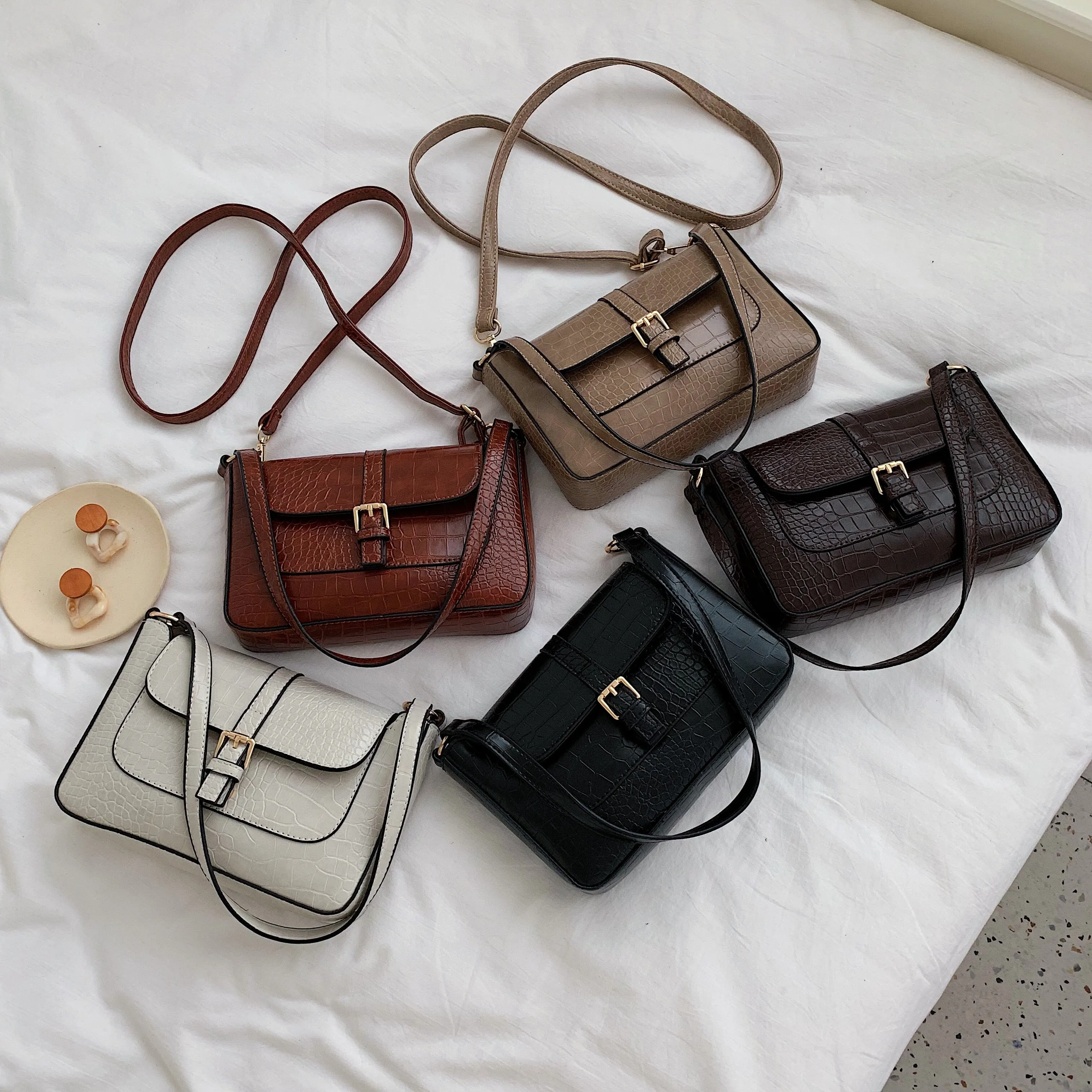 Stone Pattern Belt Designer Faux Leather Crossbody Bags