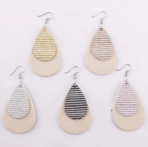 Striped Leather Glitter Hang Earrings Silver