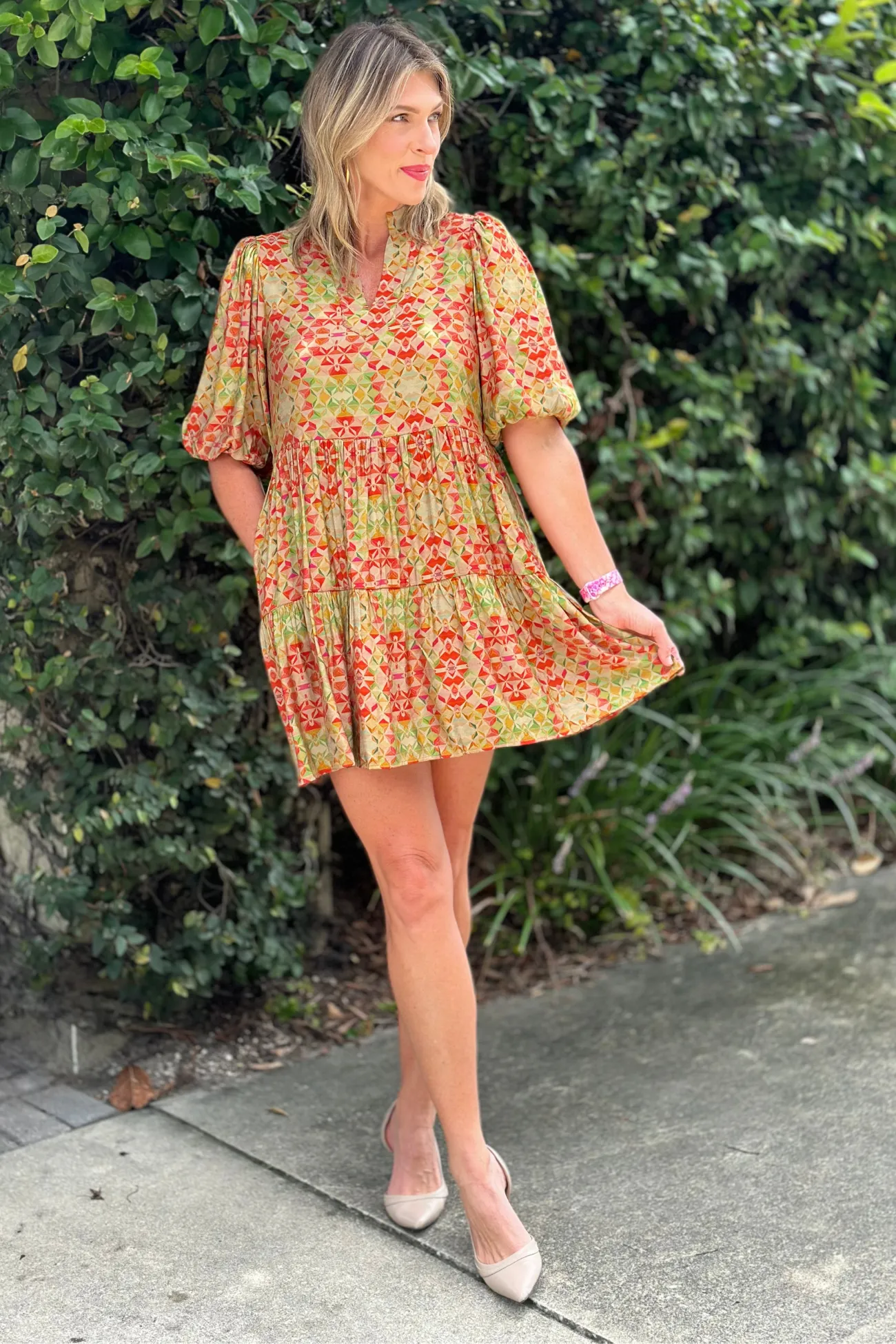 THML Kihei Geo Print Puff Sleeve Dress