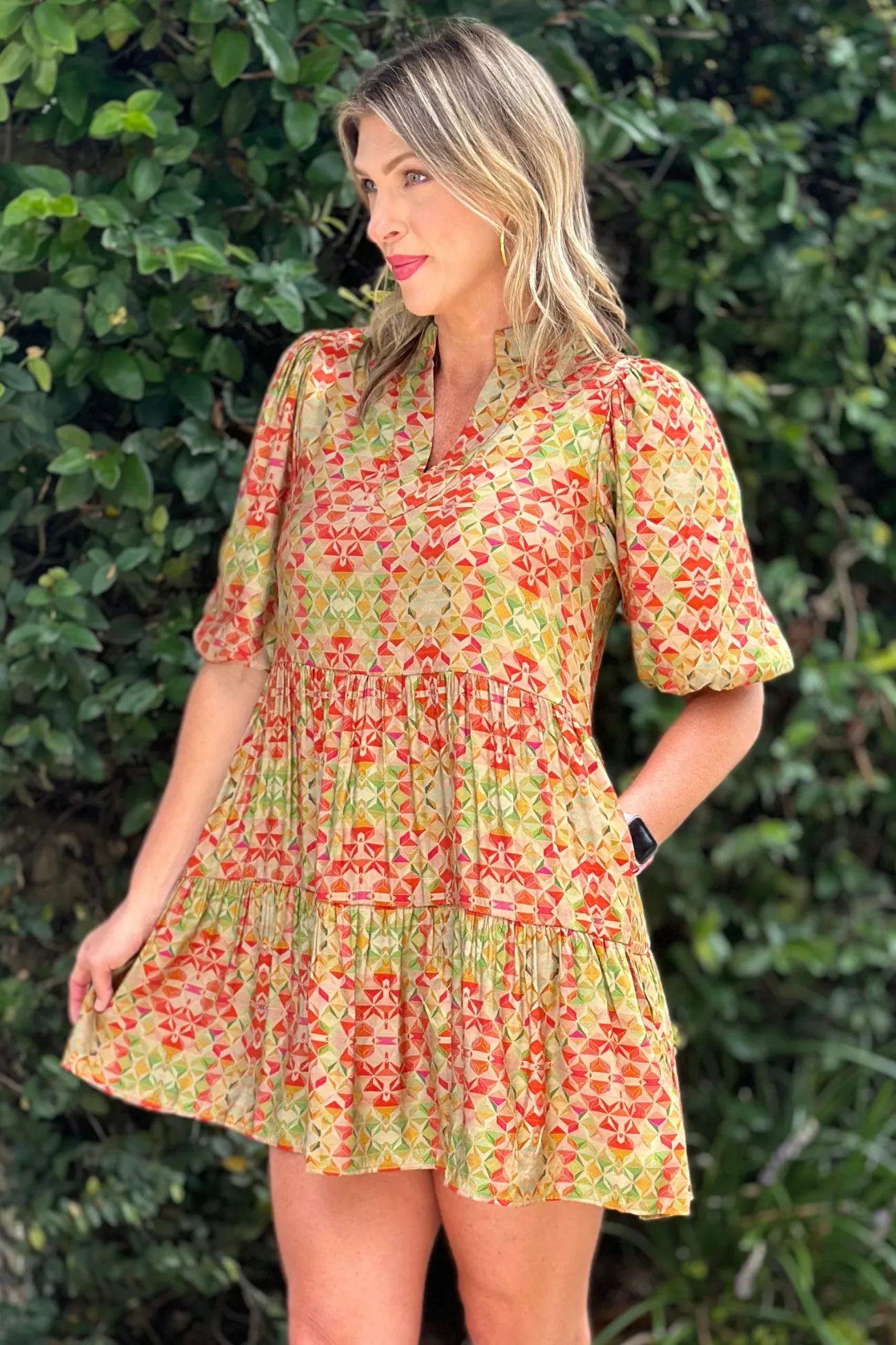 THML Kihei Geo Print Puff Sleeve Dress