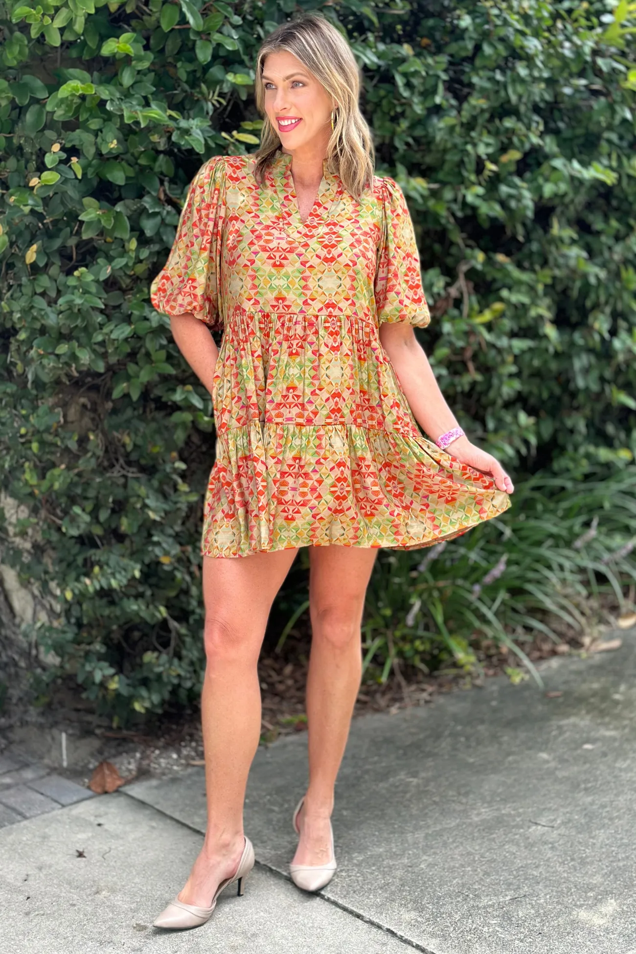 THML Kihei Geo Print Puff Sleeve Dress