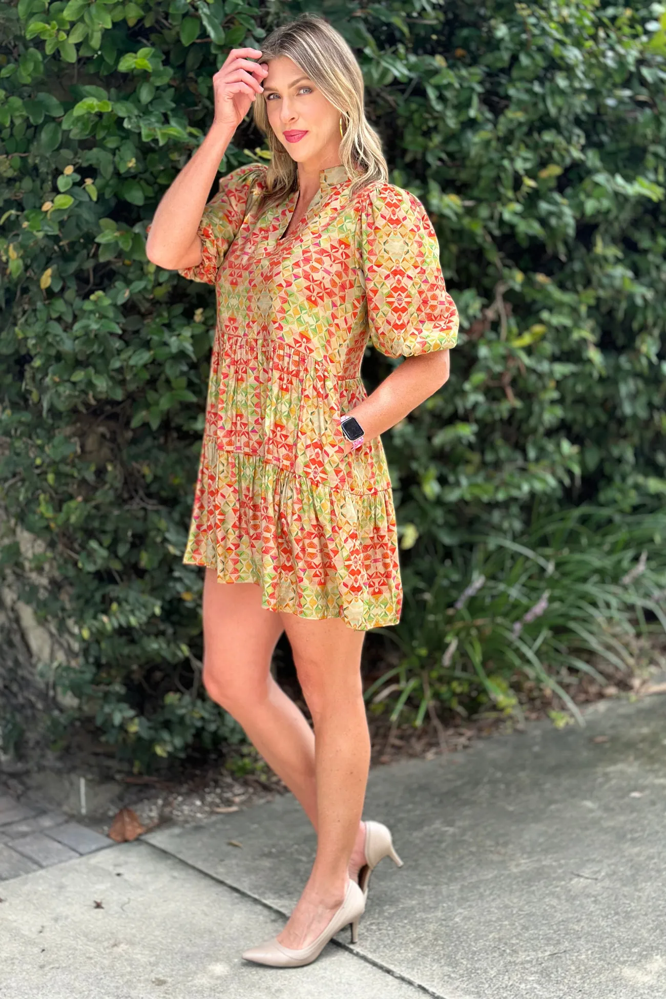 THML Kihei Geo Print Puff Sleeve Dress