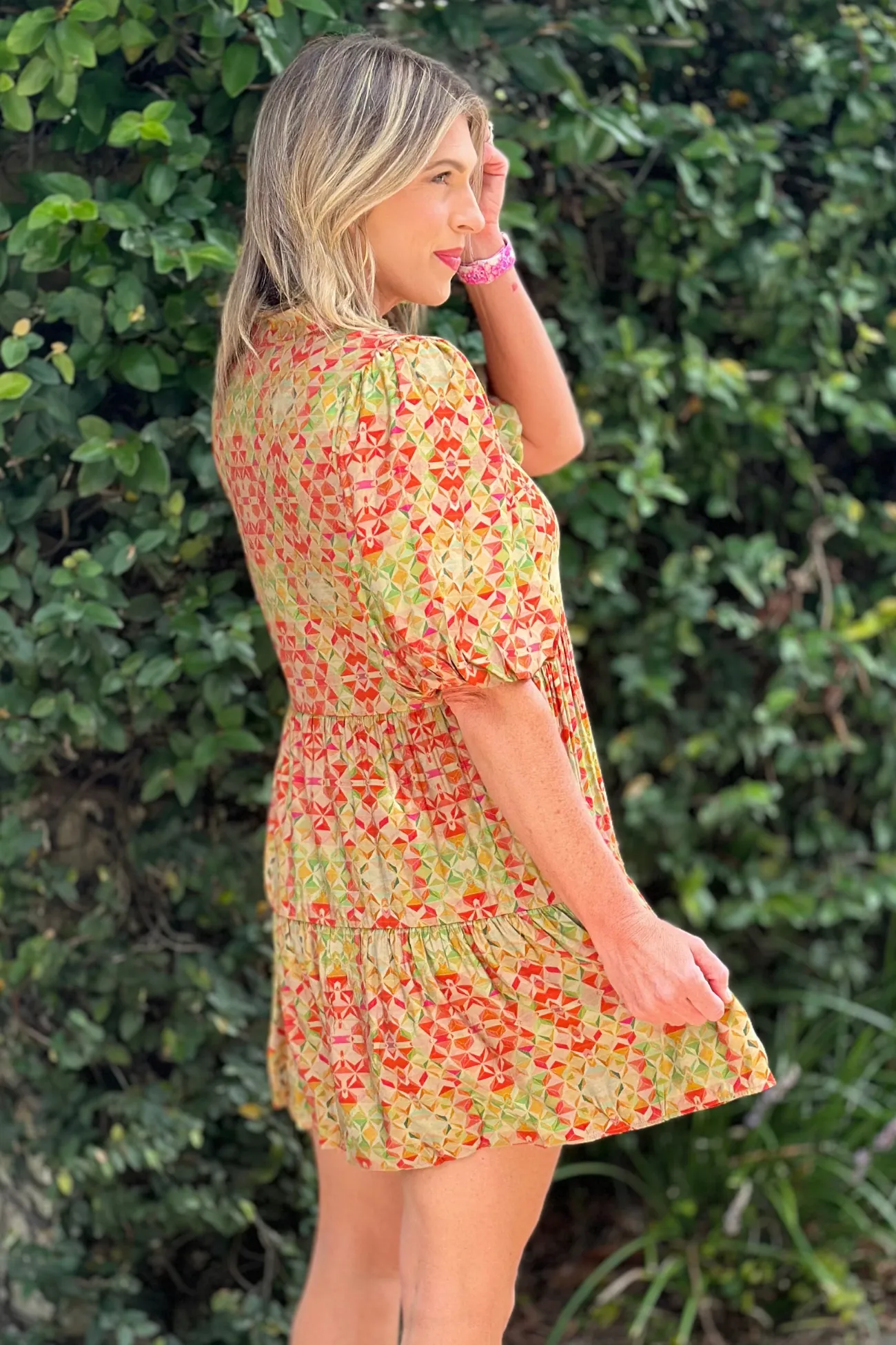 THML Kihei Geo Print Puff Sleeve Dress