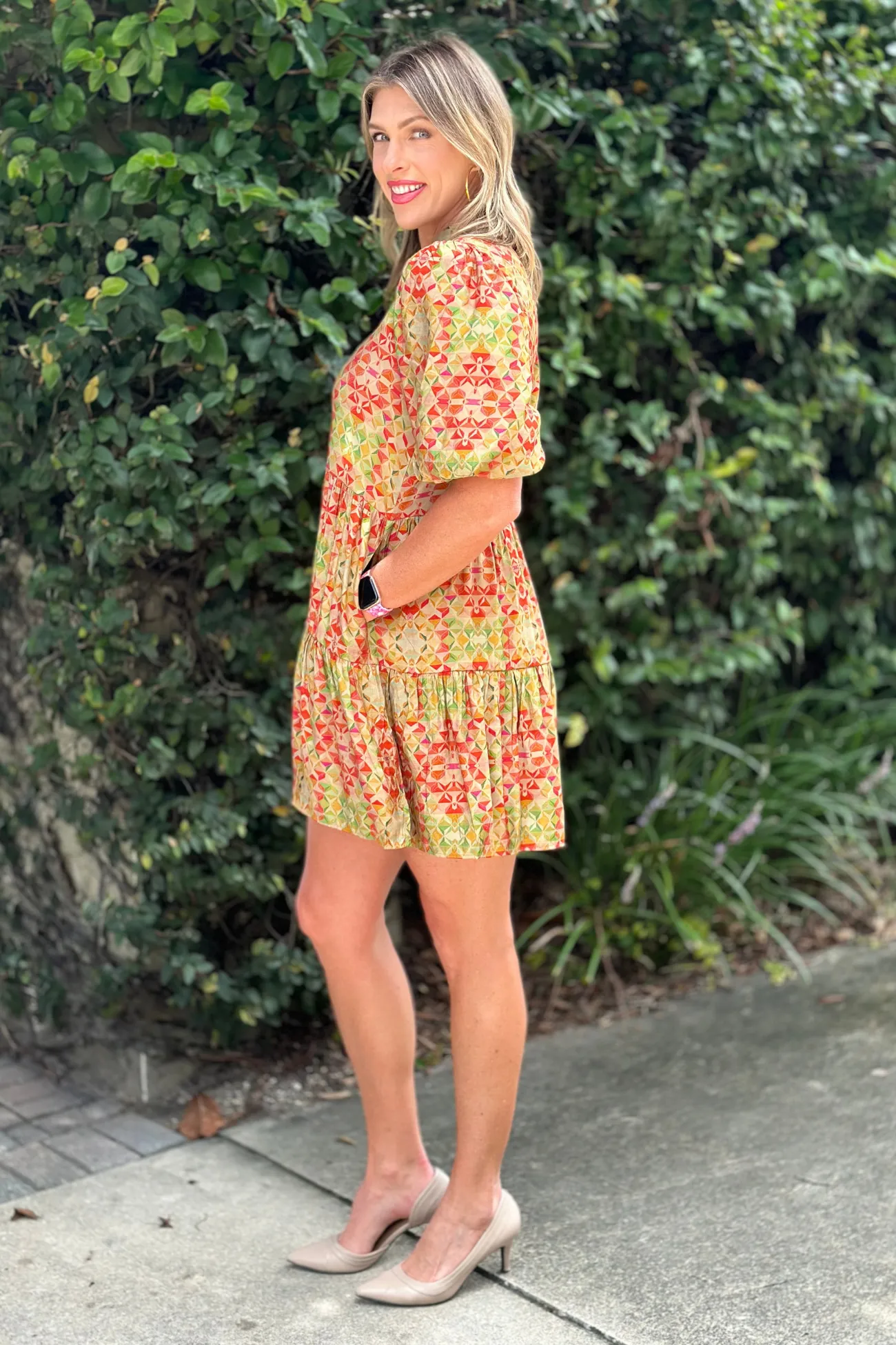 THML Kihei Geo Print Puff Sleeve Dress