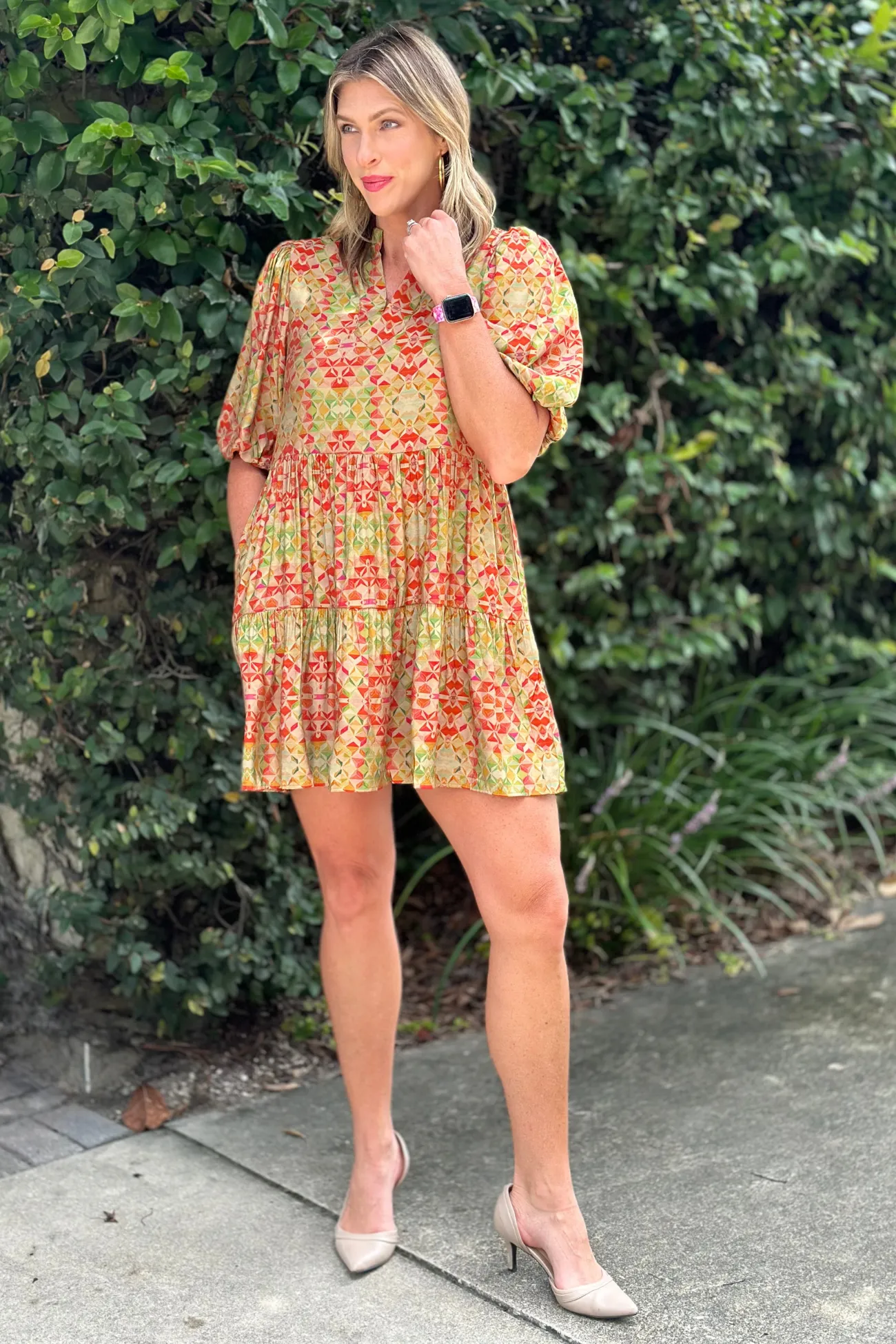 THML Kihei Geo Print Puff Sleeve Dress