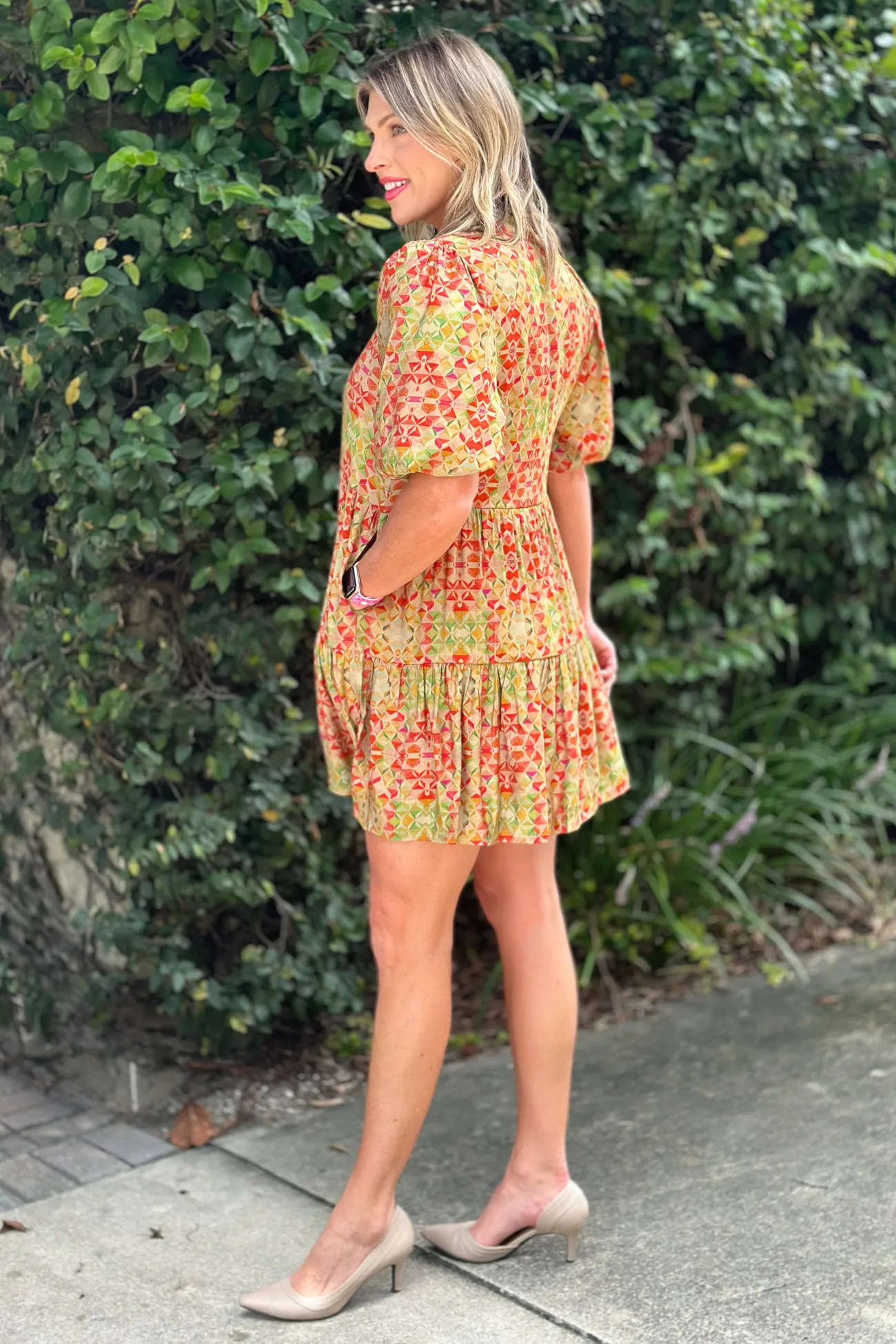 THML Kihei Geo Print Puff Sleeve Dress