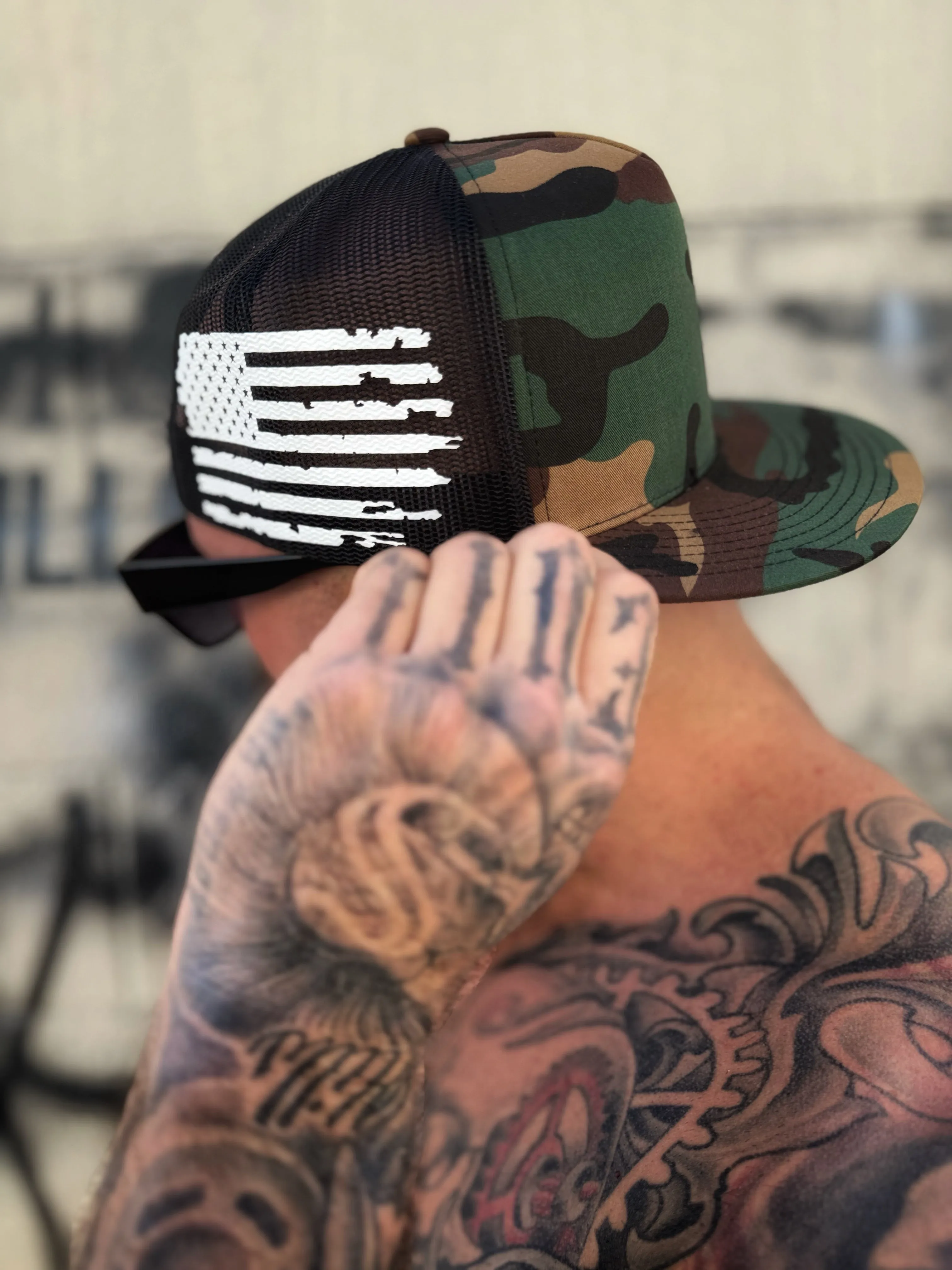 USA FLAG WHITE SIDE STYLE GREEN CAMO HAT