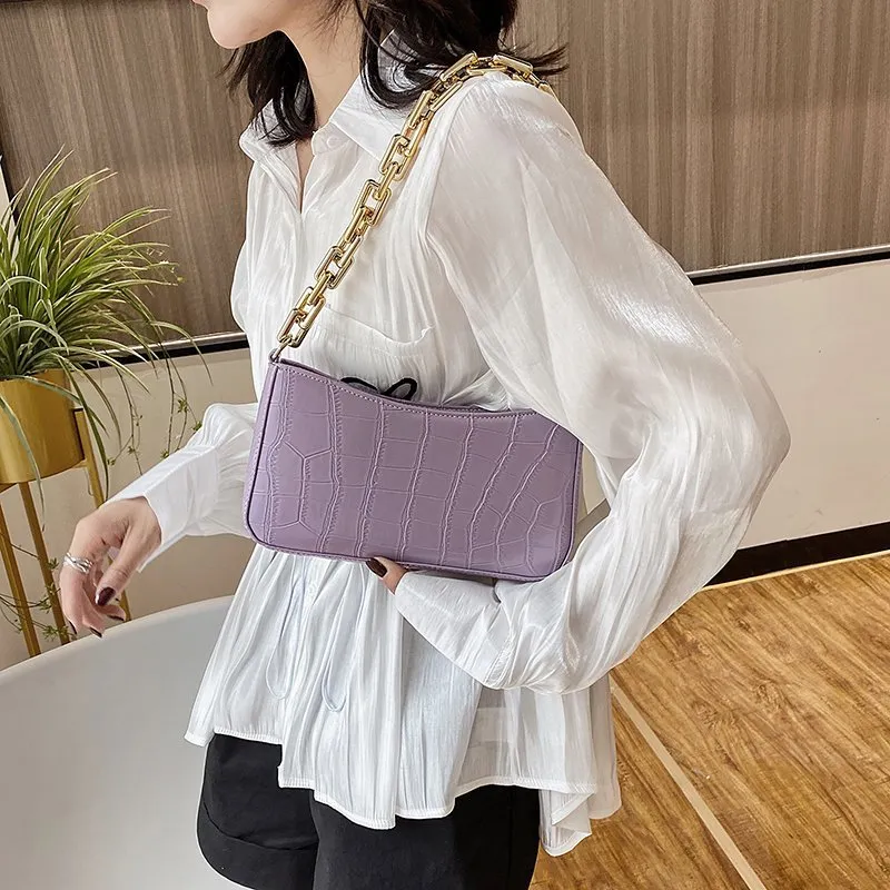 Women Solid Color Metal Chain Shoulder Handbags Female Travel Fashion Hand Bag